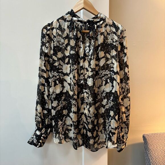 H&M Black Floral Print Blouse with Pearl Button Cuffs – Size 12 - Picture 1 of 6